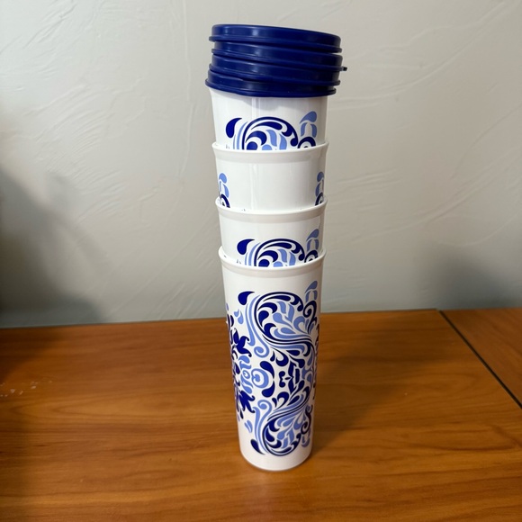 Tupperware Talavera Collection Tumbler‎ Set of 4 Blue White With Lids 16 oz. - Picture 1 of 3